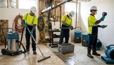 Water damage crew cleaning up burst pipe damage in High Point, NC home