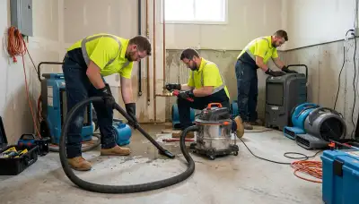 Water damage crew repairing burst pipe cleanup in High Point, NC home