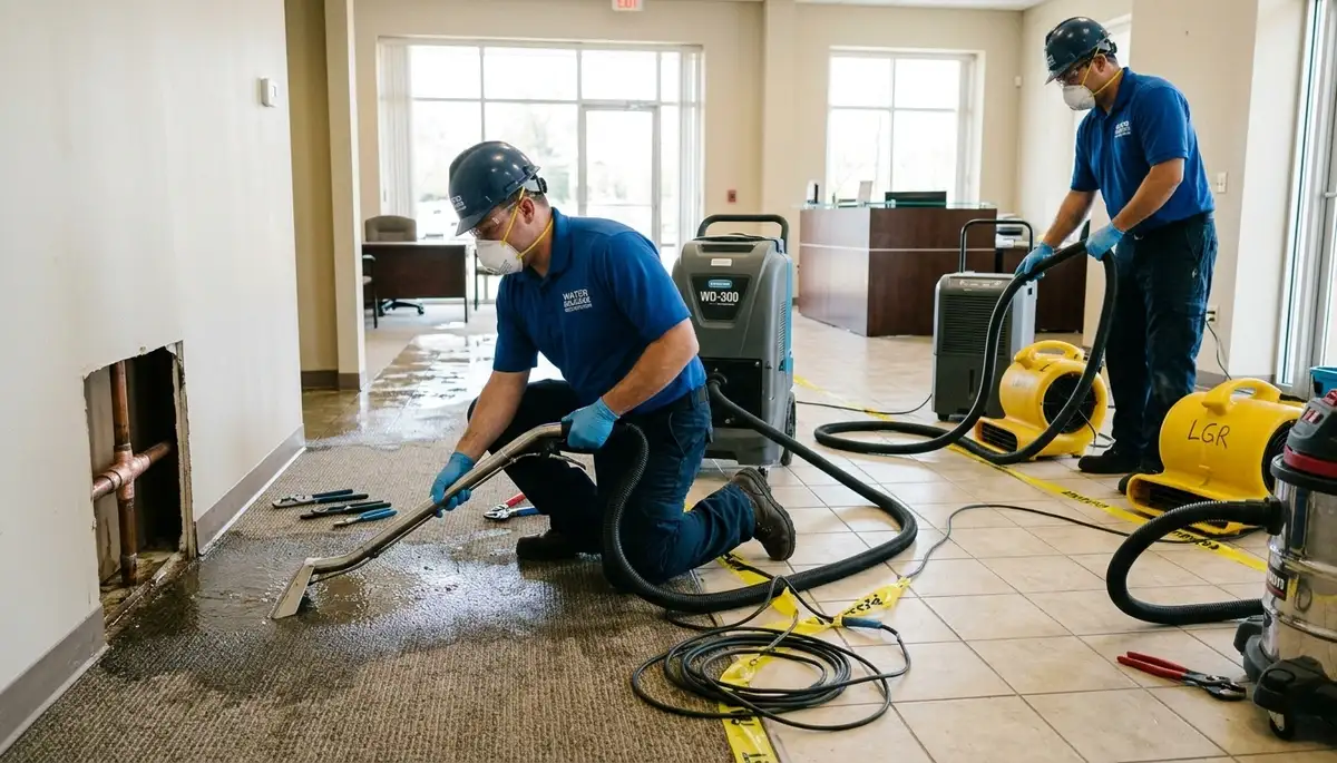 Water damage crew cleaning up burst pipe damage in a High Point, NC home