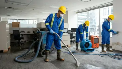 Commercial water damage restoration team in High Point, NC removing floodwater from a business property