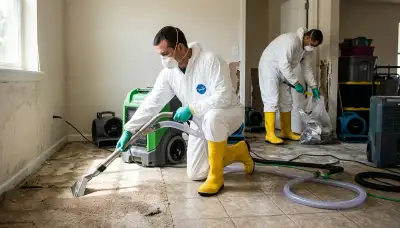 Flood damage cleanup crew serving High Point, NC, removing water from home floors and walls