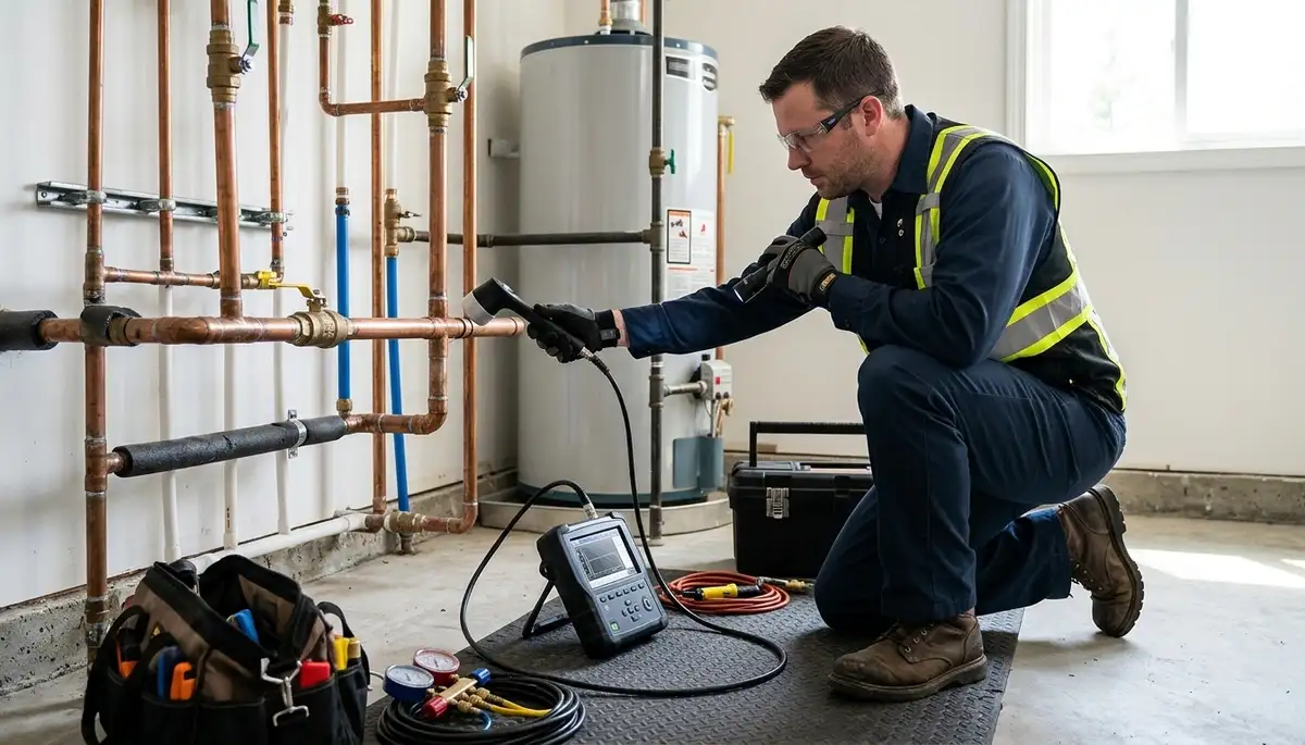 Leak detection technician inspecting hidden water damage in High Point, NC home