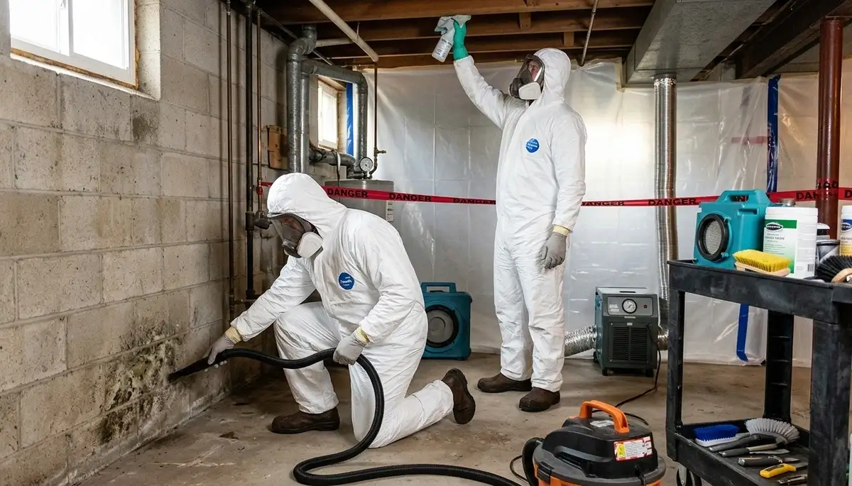 Water damage restoration team inspecting mold damage in a High Point, NC home