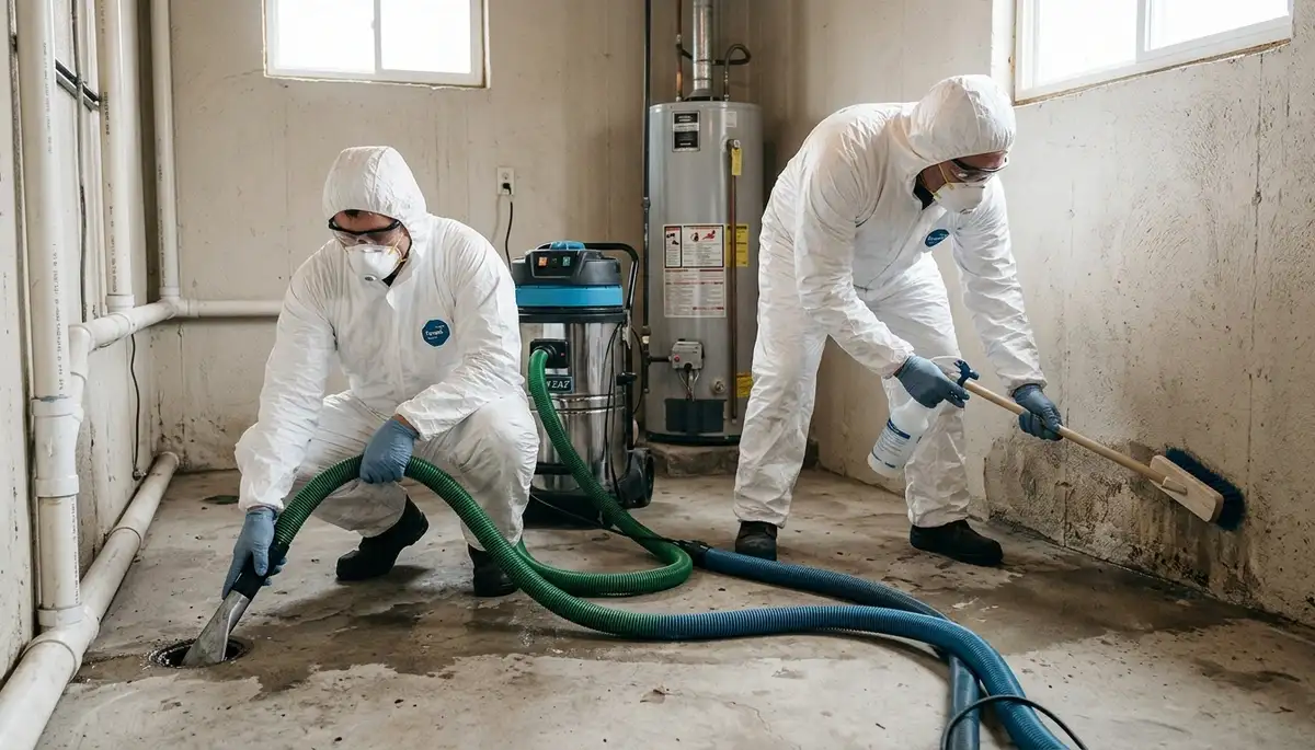 Sewer backup cleanup crew in High Point, NC removing sewage and disinfecting a home