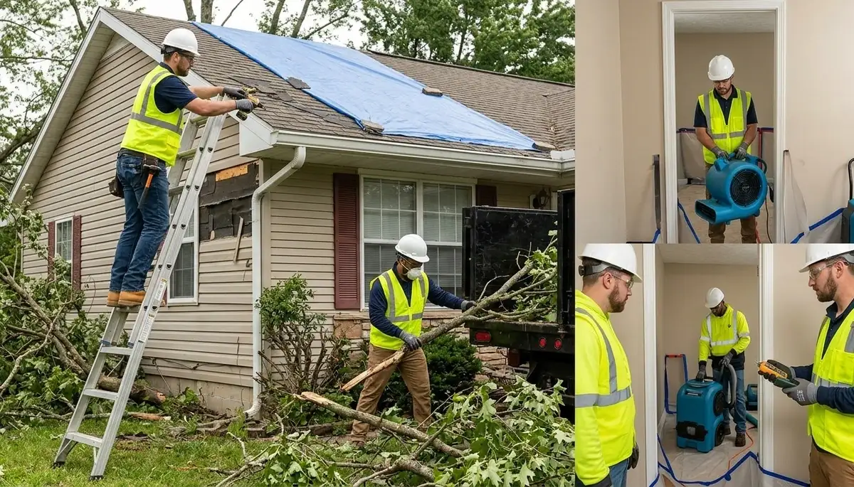 Storm damage restoration team in High Point, NC inspecting water damage in a home