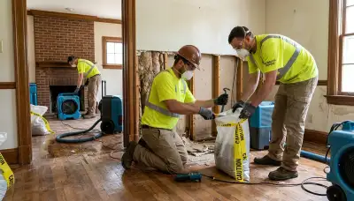 Water damage restoration team in High Point, NC inspecting and drying a damaged property